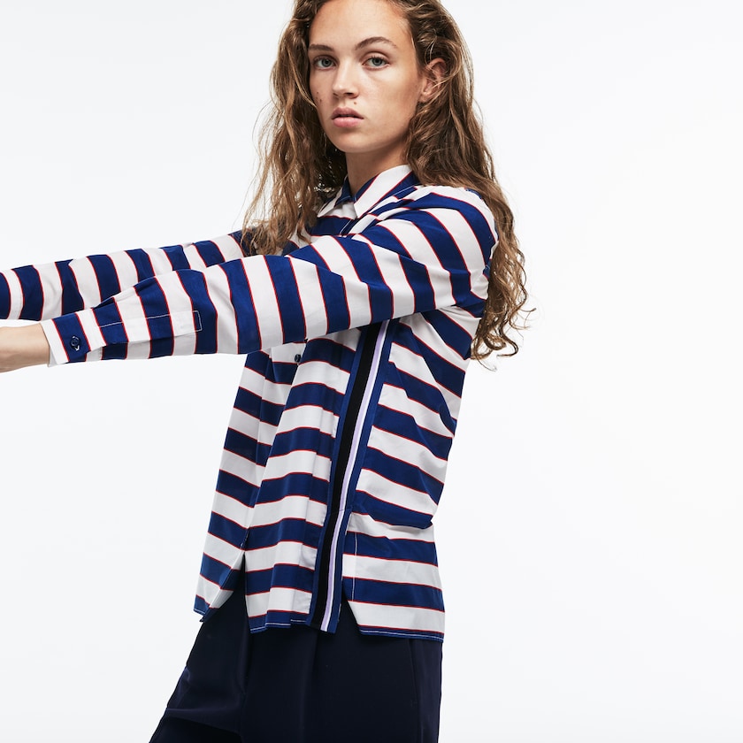 Camisas Lacoste Regular Fit Striped Cotton & Silk Voile Mujer Blancos Azul Marino Azules Rojos | CI2-87278P7