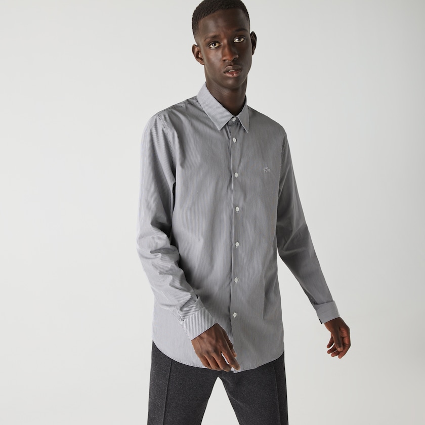Camisas Lacoste Hombre Blancos Negros Regular Fit Striped Cotton Poplin DR0-41104R3