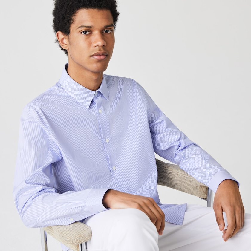 Camisas Lacoste Hombre Blancos Azules Regular Fit Striped Cotton Poplin MQ5-92389R5