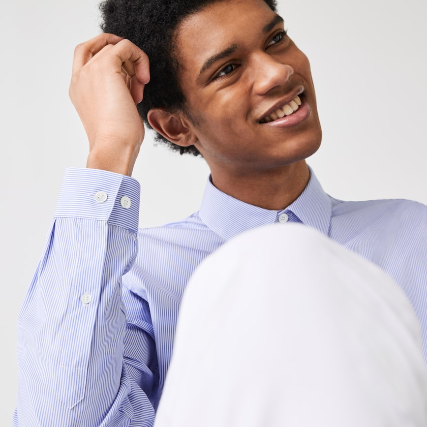Camisas Lacoste Hombre Blancos Azules Regular Fit Striped Cotton Poplin MQ5-92389R5