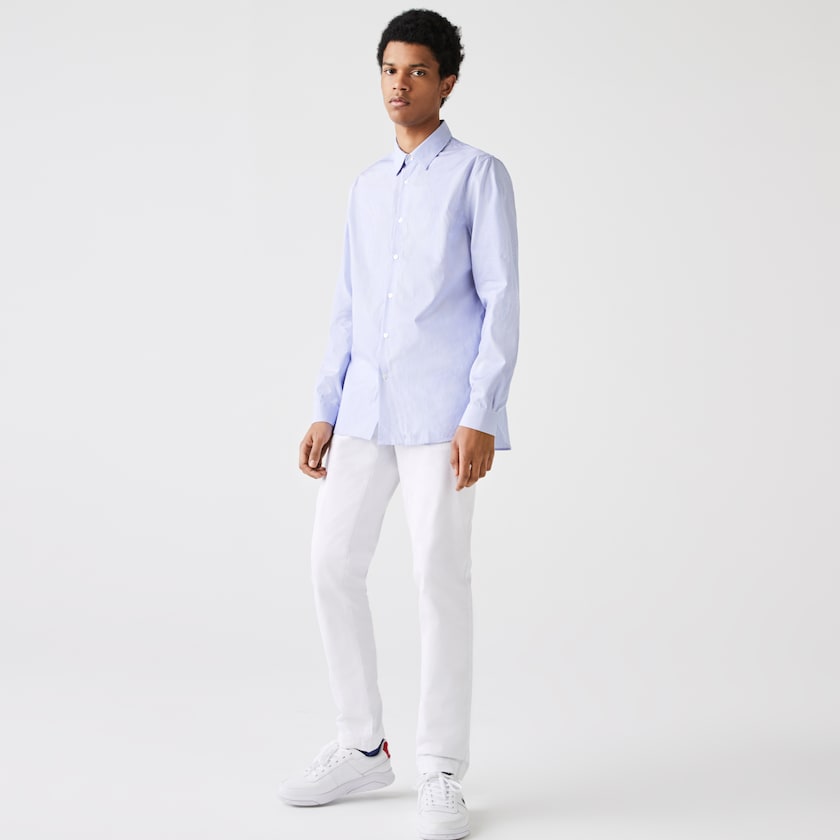 Camisas Lacoste Hombre Blancos Azules Regular Fit Striped Cotton Poplin MQ5-92389R5