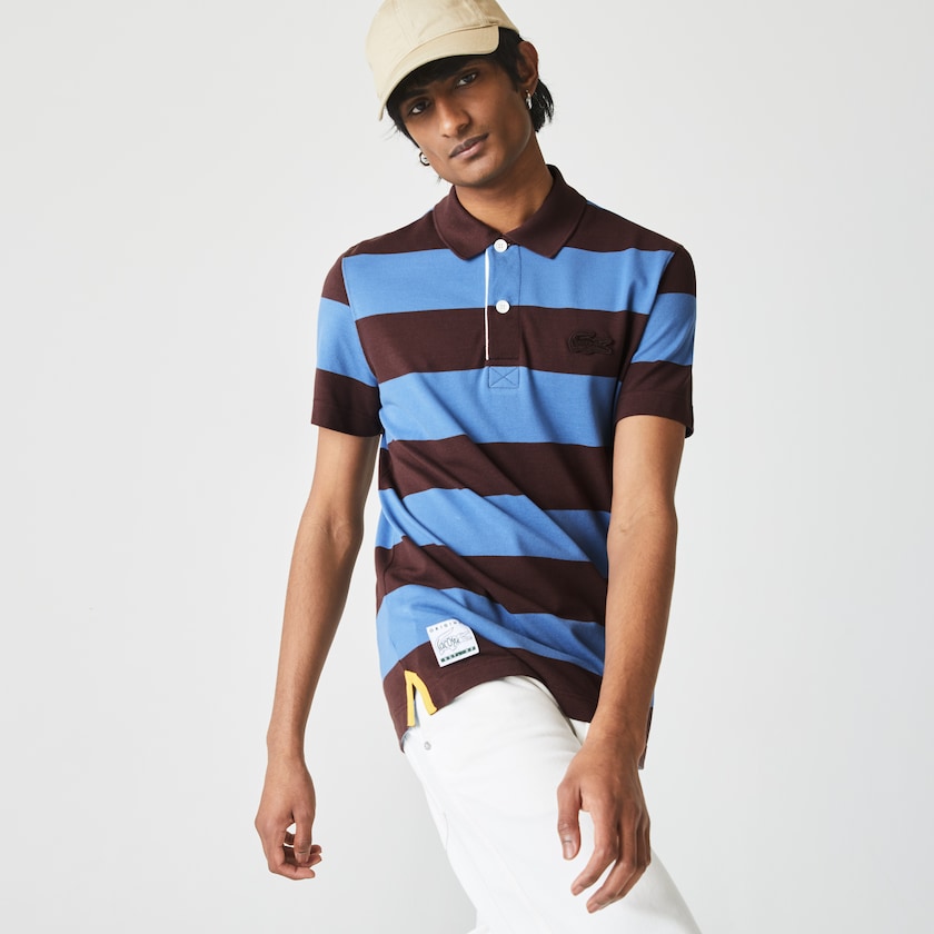 Camisas Lacoste Regular Fit Striped Cotton Piqué Polo Hombre Marrom Azules | UN6-80768M4