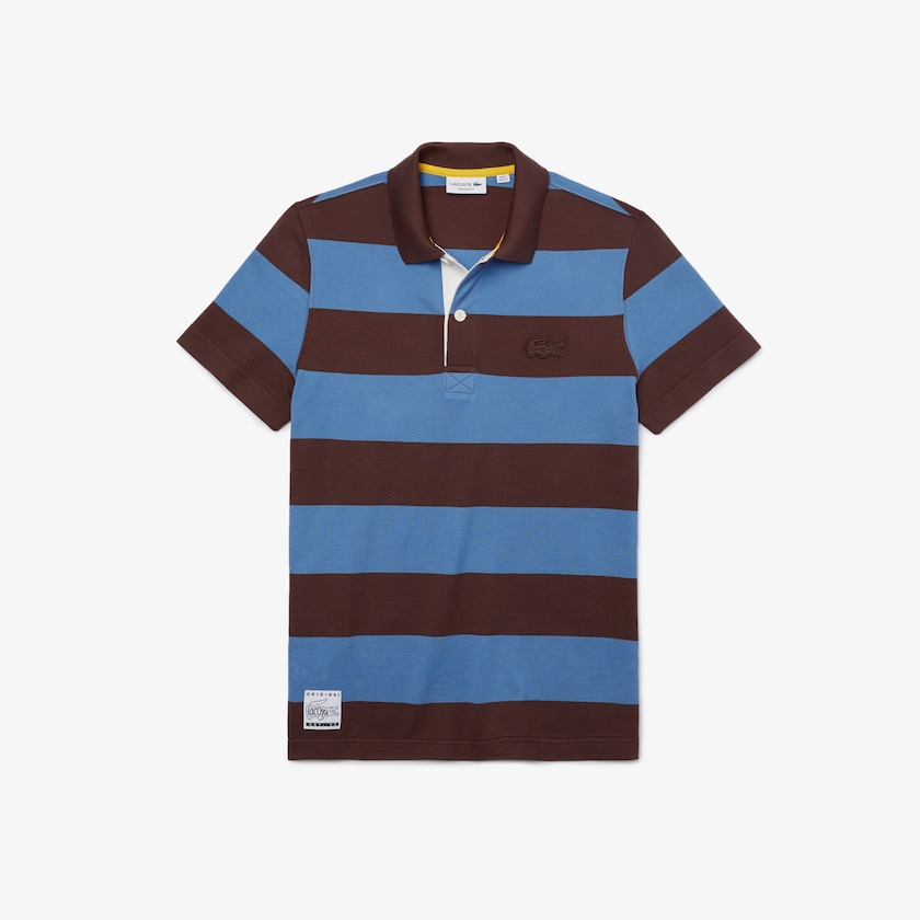 Camisas Lacoste Regular Fit Striped Cotton Piqué Polo Hombre Marrom Azules | UN6-80768M4