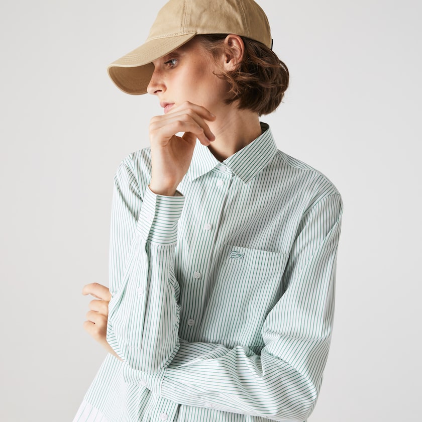 Camisas Lacoste Regular Fit Trompe-L'œil Cotton Poplin Mujer Blancos Verdes | IU0-04070L1