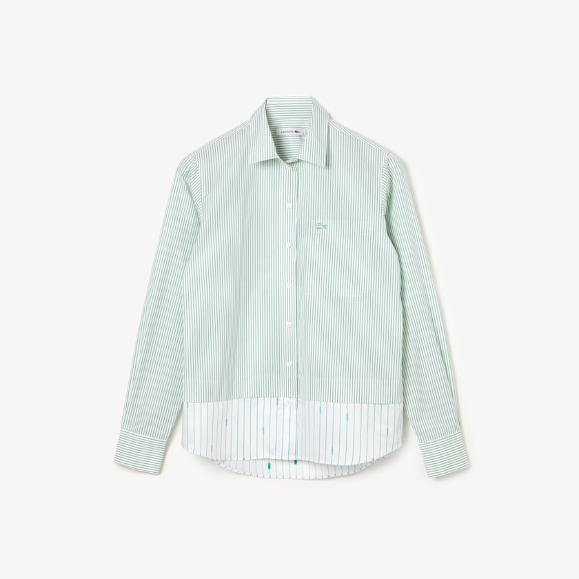 Camisas Lacoste Regular Fit Trompe-L'œil Cotton Poplin Mujer Blancos Verdes | IU0-04070L1