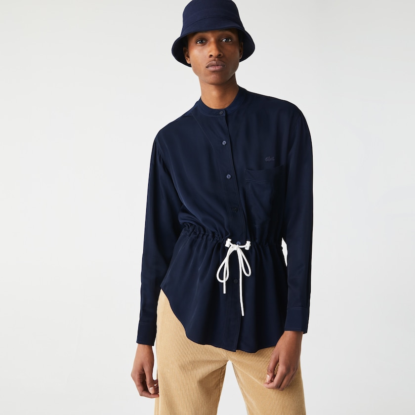 Camisas Lacoste Relaxed Fit Adjustable Waist Flowy Mao Collar Mujer Azul Marino Azules | FV7-32543O8