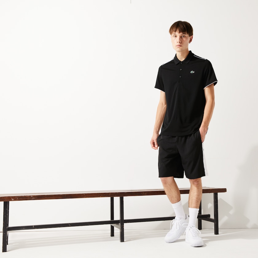 Camisas Lacoste SPORT Contrast Piping Breathable Piqué Polo Hombre Negros Blancos | HE7-65276T3