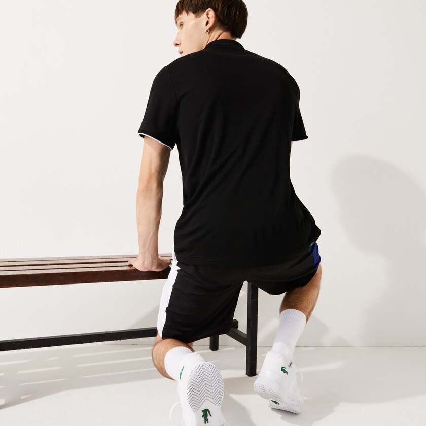 Camisas Lacoste SPORT Contrast Piping Breathable Piqué Polo Hombre Negros Blancos | HE7-65276T3