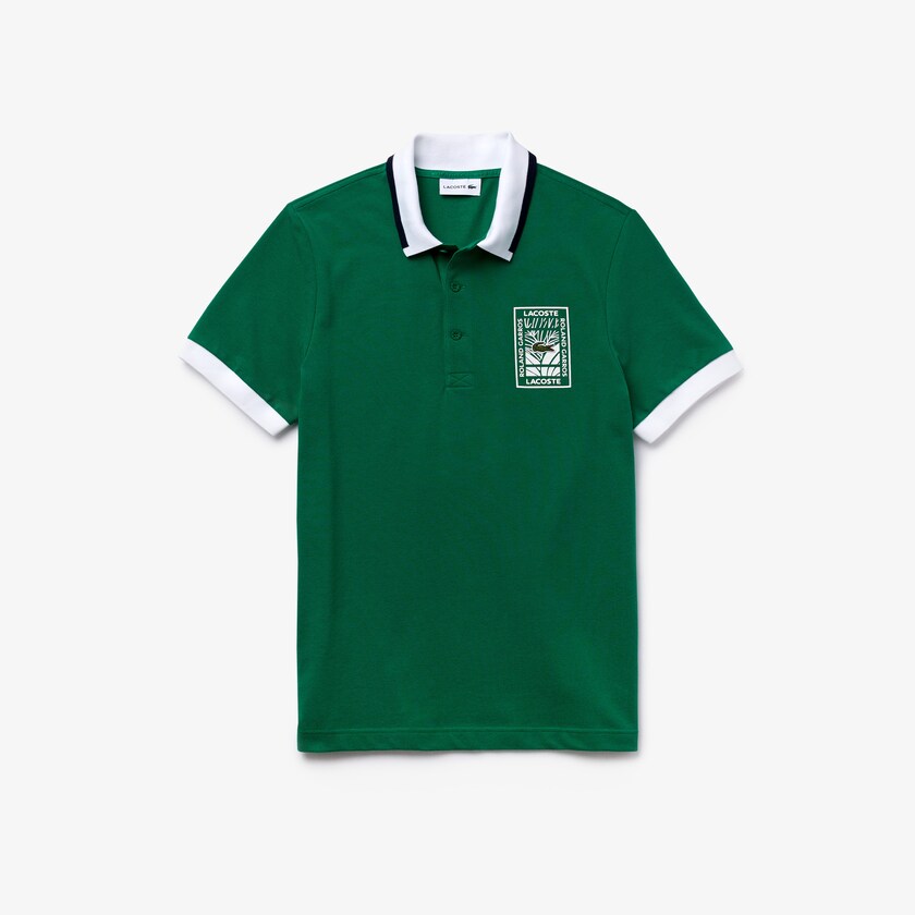 Camisas Lacoste SPORT Roland Garros Plant-Print Cotton Polo Hombre Verdes Blancos Azul Marino Azules | CO8-82058E9