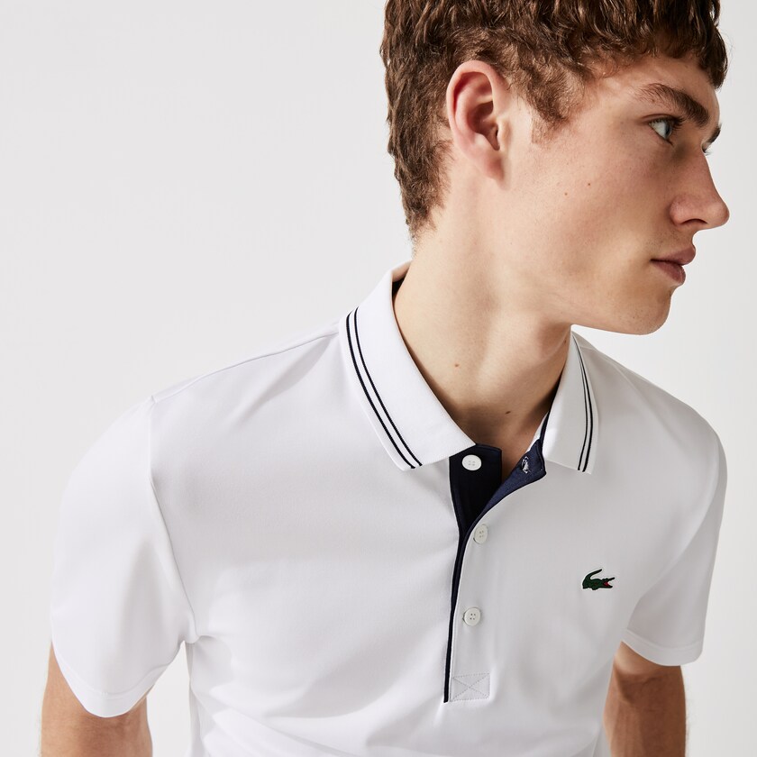 Camisas Lacoste SPORT Signature Breathable Golf Polo Hombre Blancos Azul Marino Azules | EJ8-45504Z0