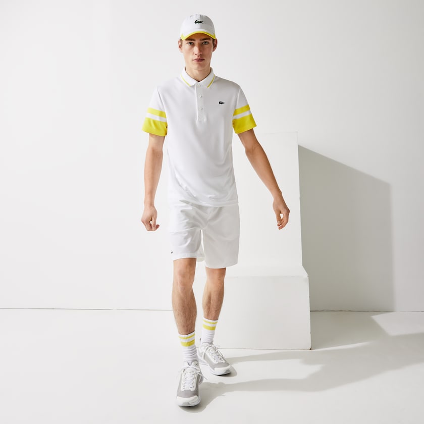 Camisas Lacoste SPORT Striped-Sleeve Breathable Piqué Tennis Polo Hombre Blancos Amarillos | KR0-33043S1