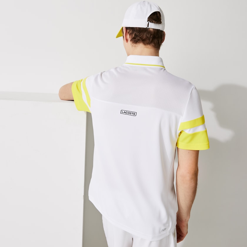 Camisas Lacoste SPORT Striped-Sleeve Breathable Piqué Tennis Polo Hombre Blancos Amarillos | KR0-33043S1