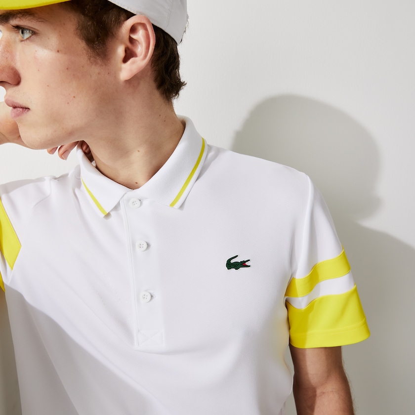 Camisas Lacoste SPORT Striped-Sleeve Breathable Piqué Tennis Polo Hombre Blancos Amarillos | KR0-33043S1