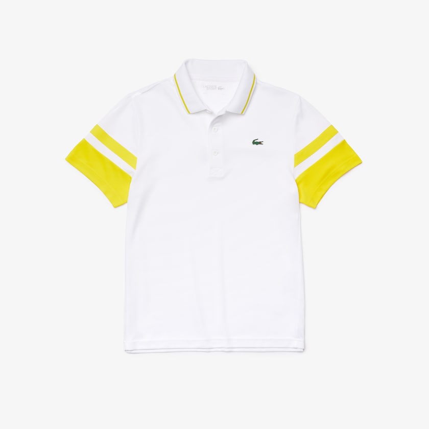 Camisas Lacoste SPORT Striped-Sleeve Breathable Piqué Tennis Polo Hombre Blancos Amarillos | KR0-33043S1