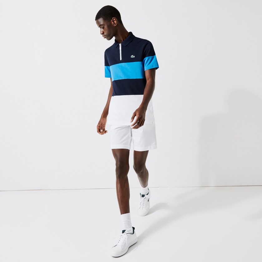 Camisas Lacoste SPORT Striped Stretch Piqué Zip-Up Golf Polo Hombre Azul Marino Azules Azules Blancos | KU3-02600O5