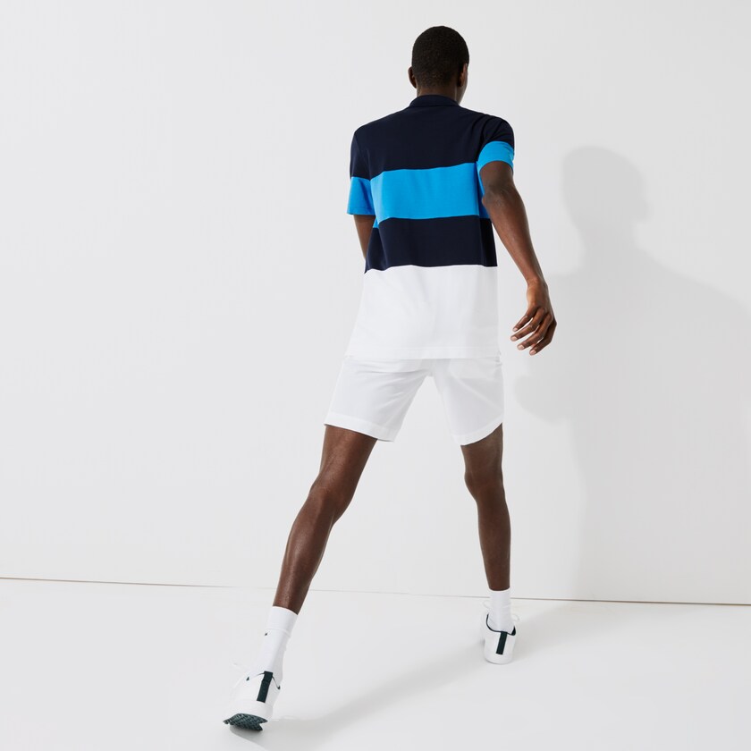 Camisas Lacoste SPORT Striped Stretch Piqué Zip-Up Golf Polo Hombre Azul Marino Azules Azules Blancos | KU3-02600O5