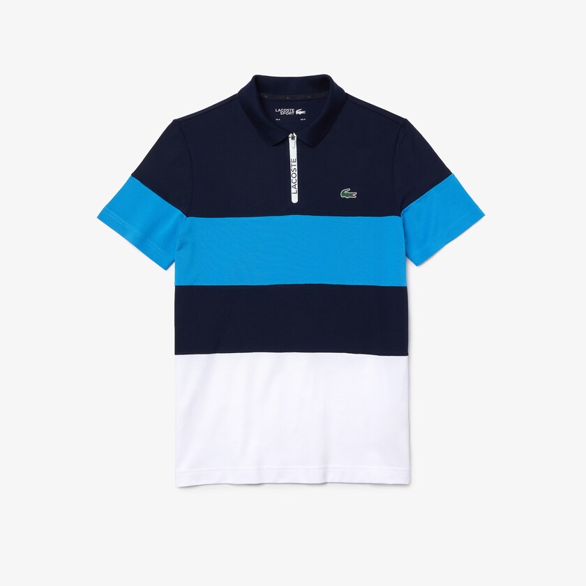 Camisas Lacoste SPORT Striped Stretch Piqué Zip-Up Golf Polo Hombre Azul Marino Azules Azules Blancos | KU3-02600O5