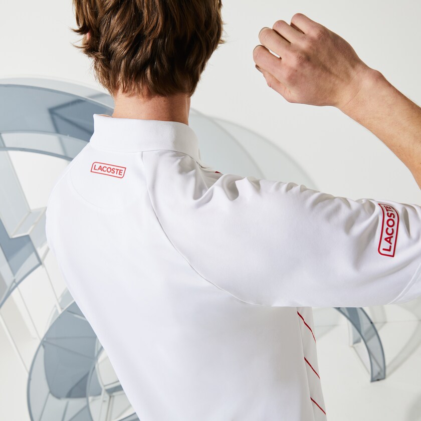 Camisas Lacoste SPORT x Novak Djokovic Print Stretch Jersey Polo Hombre Blancos Rojos | RG7-63366M2