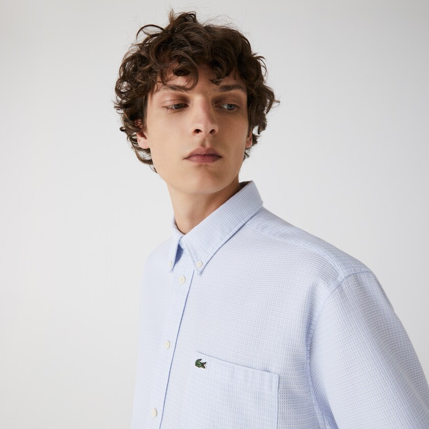 Camisas Lacoste Hombre Azules Claro Blancos Short-Sleeved Lightweight Cotton LK7-78647F4