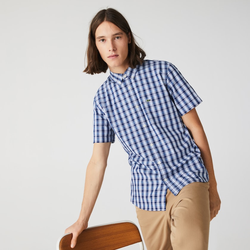 Camisas Lacoste Hombre Azules Blancos Azules Slim Fit Checked Poplin TT7-02030X0