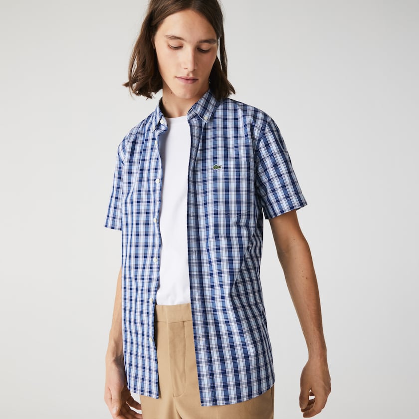 Camisas Lacoste Hombre Azules Blancos Azules Slim Fit Checked Poplin TT7-02030X0