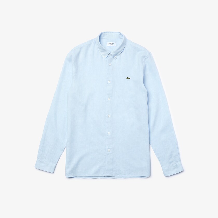 Camisas Lacoste Hombre Azules Blancos Slim Fit Chevron Linen And Cotton IN4-07170R3