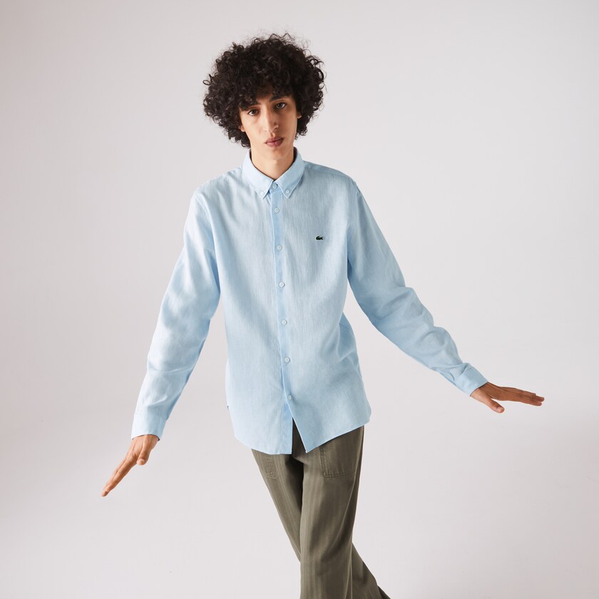Camisas Lacoste Hombre Azules Blancos Slim Fit Chevron Linen And Cotton IN4-07170R3
