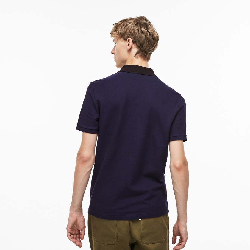 Camisas Lacoste Slim Fit Colourblock Striped Knop Piqué Polo Hombre Azul Marino Azules | SA9-63026U9