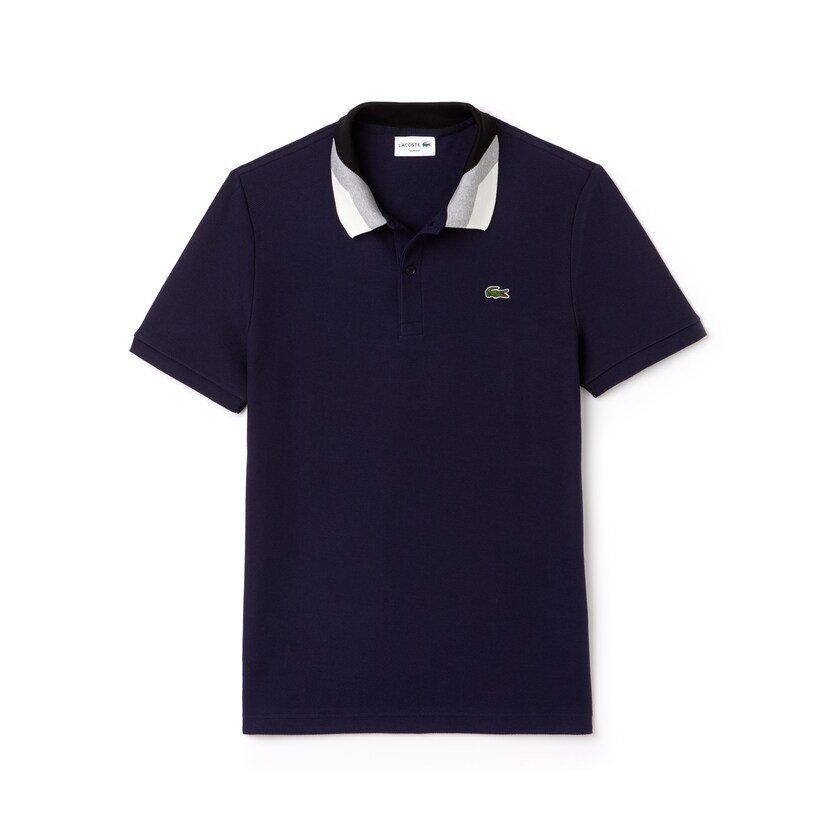 Camisas Lacoste Slim Fit Colourblock Striped Knop Piqué Polo Hombre Azul Marino Azules | SA9-63026U9