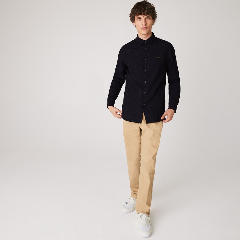 Camisas Lacoste Hombre Azul Marino Azules Blancos Slim Fit Flamed Cotton EP6-50785R6