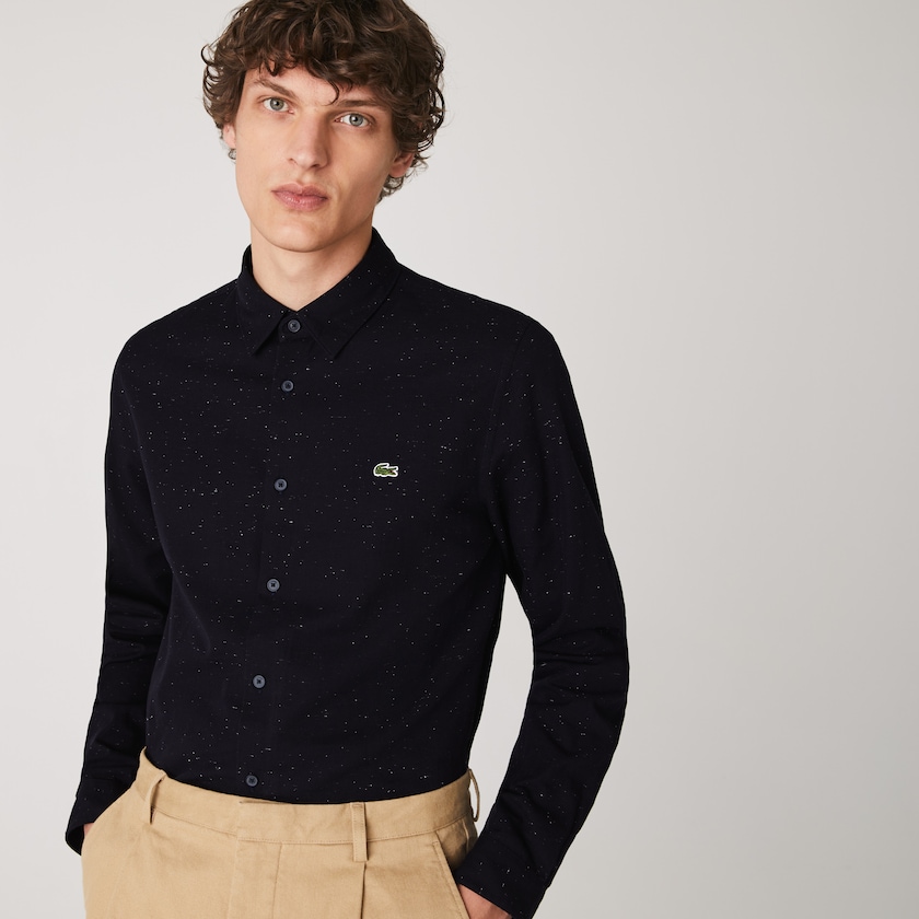 Camisas Lacoste Hombre Azul Marino Azules Blancos Slim Fit Flamed Cotton EP6-50785R6