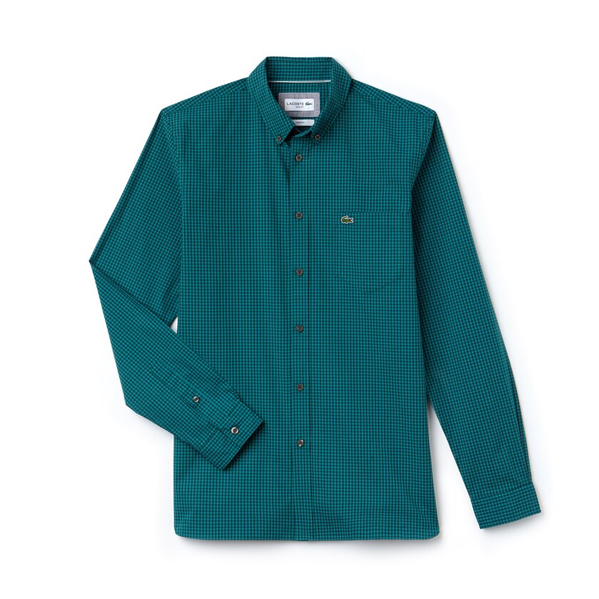Camisas Lacoste Hombre Verdes Slim Fit Gingham Stretch Cotton Poplin BI0-97489E7