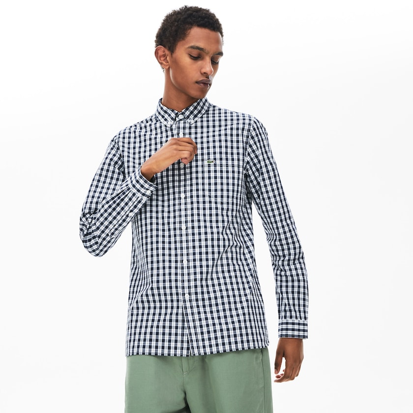 Camisas Lacoste Hombre Blancos Azul Marino Azules Slim Fit Long-Sleeve Wool AN1-55475E3
