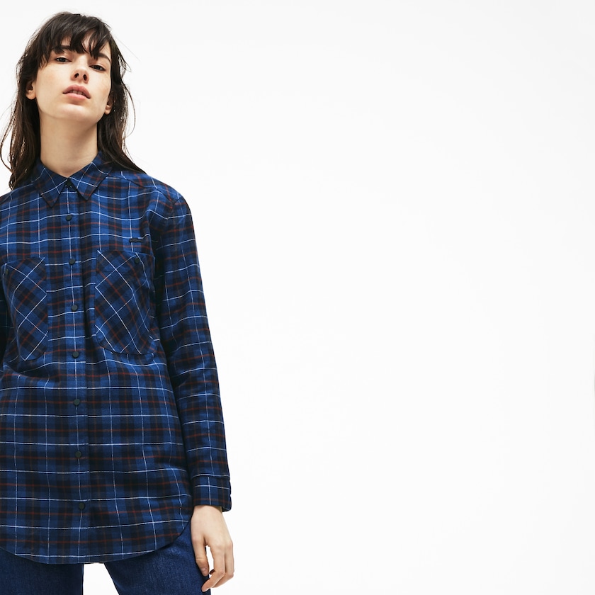 Camisas Lacoste Slim Fit Stretch Check Cotton Canvas Mujer Azul Marino Azules Azules | NW9-58005P0
