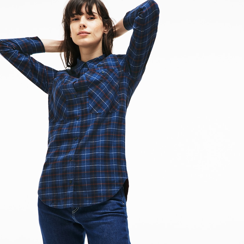 Camisas Lacoste Slim Fit Stretch Check Cotton Canvas Mujer Azul Marino Azules Azules | NW9-58005P0