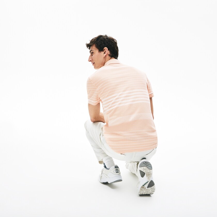Camisas Lacoste Striped Linen And Cotton Regular Fit Polo Hombre Rosas Claro Blancos | IX8-55005Y5