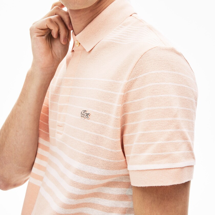 Camisas Lacoste Striped Linen And Cotton Regular Fit Polo Hombre Rosas Claro Blancos | IX8-55005Y5