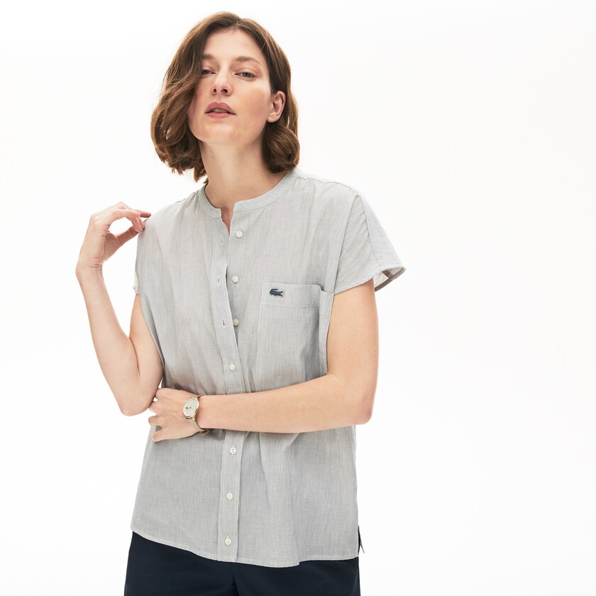 Camisas Lacoste Striped Linen And Cotton Blend Mujer Blancos Azul Marino Azules | SU2-68626S3