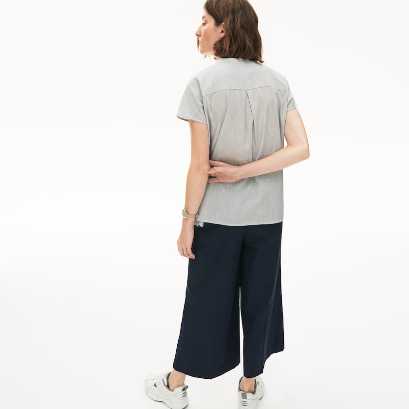 Camisas Lacoste Striped Linen And Cotton Blend Mujer Blancos Azul Marino Azules | SU2-68626S3