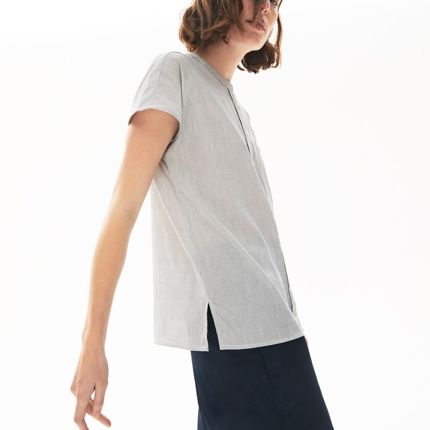 Camisas Lacoste Striped Linen And Cotton Blend Mujer Blancos Azul Marino Azules | SU2-68626S3