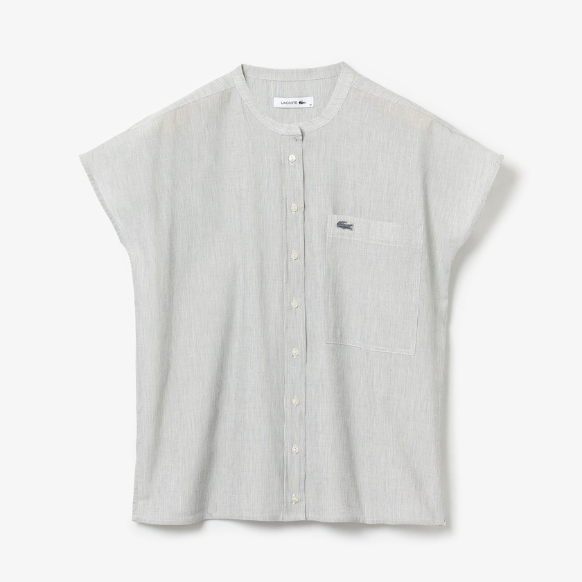 Camisas Lacoste Striped Linen And Cotton Blend Mujer Blancos Azul Marino Azules | SU2-68626S3