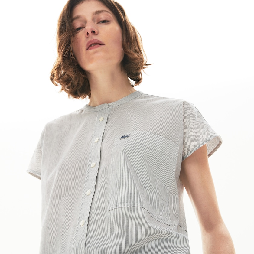 Camisas Lacoste Striped Linen And Cotton Blend Mujer Blancos Azul Marino Azules | SU2-68626S3