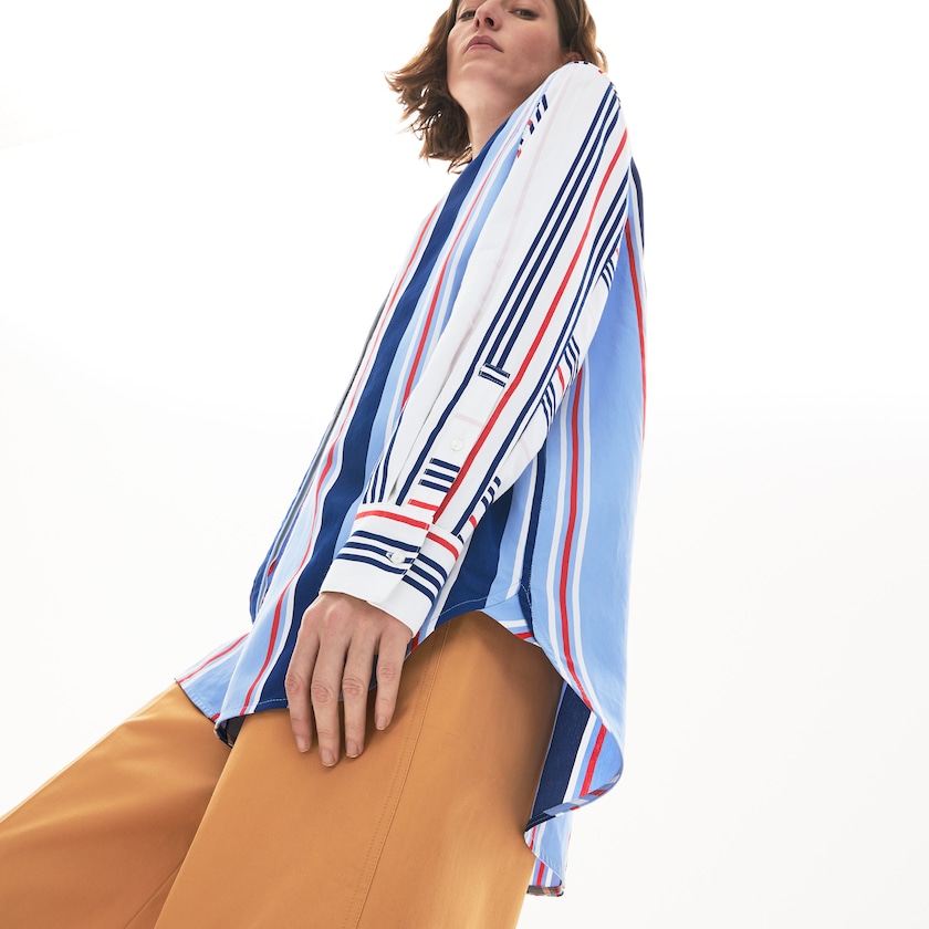 Camisas Lacoste Striped Long Flowing Mujer Morados Blancos Azul Marino Azules Rojos | RA7-32263J2