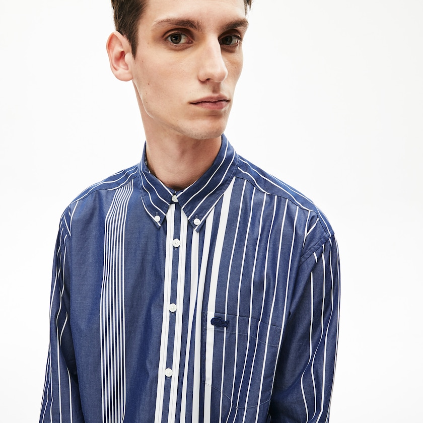 Camisas Lacoste Hombre Azul Marino Azules Blancos Variegated-Stripe Relaxed Cotton VA0-35233X8
