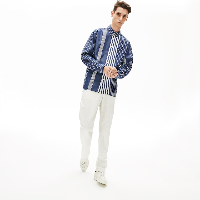 Camisas Lacoste Hombre Azul Marino Azules Blancos Variegated-Stripe Relaxed Cotton VA0-35233X8