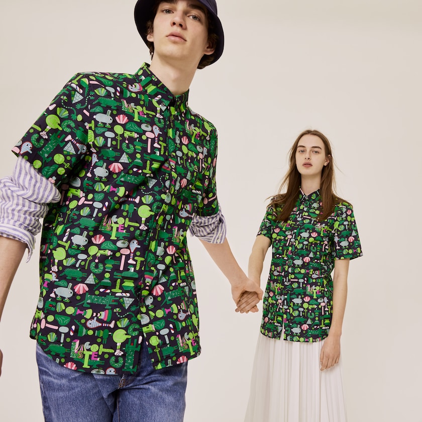 Camisas Lacoste Hombre Azul Marino Azules Blancos x Jeremyville Regular Fit Cotton BB0-65966M1