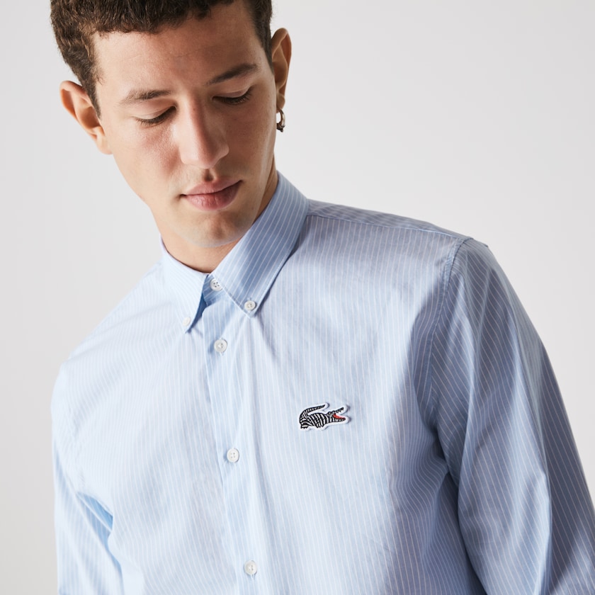 Camisas Lacoste Hombre Azules Blancos x National Geographic Regular Fit Striped Cotton LI6-55965H3
