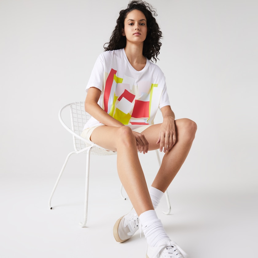 Camiseta Lacoste Art-Print Cotton Mujer Blancos | AM8-47844N5
