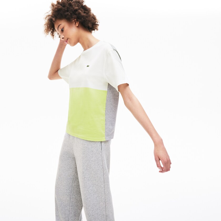 Camiseta Lacoste Cotton Color-Block Mujer Amarillos Blancos Grises | JQ5-02270B1