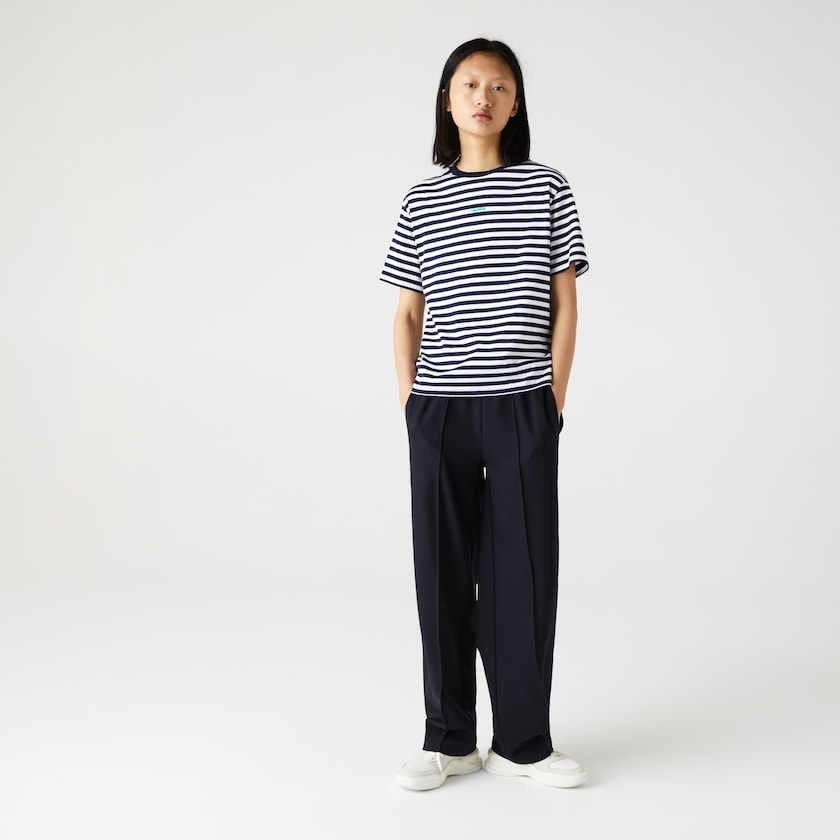 Camiseta Lacoste Crew Neck Branded Striped Cotton Mujer Azul Marino Azules Blancos | VN3-23422K3
